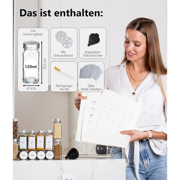 Набір скляних баночок для спецій Deco haus® з кришкою та ситом [+Етикетки] - 24 шт.