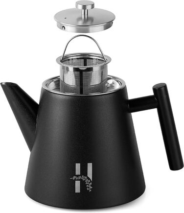 Hanamura Thermo Teapot with Infuser - Stainless Steel Teapot, Double-Walled and with Strainer - 1L - Black Metal Teapot - Insulated Thermos Modern Design