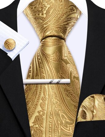 Набір краваток Barry.Wang: шовкові краватки з квітковим візерунком Paisley, нагрудна хустинка, запонки та затискач для краватки. Ідеально для урочистих подій, весілля та свят. Золотий колір.