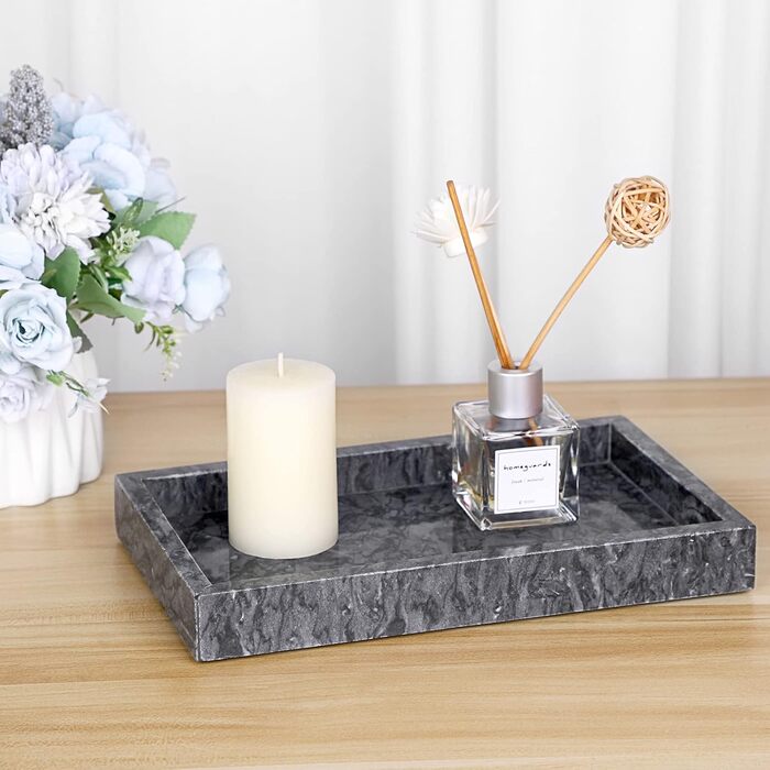 BSTKEY Natural Marble Serving Tray for Coffee Table, Rectangular, Jewelry Tray, Organizer, Decorative Bathroom, Vanity, Toilet Tank, Bathtub Tray, 25x15 cm (black)