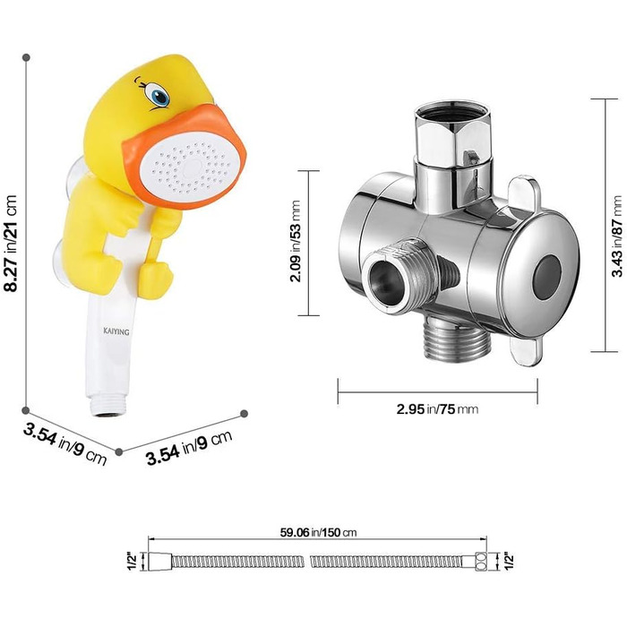KAIYING Kids Showerheads, Cartoon Water Flow Sprinkler Shower, Shower Head Attachment for Toddlers, Baby Handheld Shower Head Bathroom Accessories, Kid's Shower Attachment (J: Showerhead (Frog) + Hose + Diverter Valve) (Duck Showerhead Set)