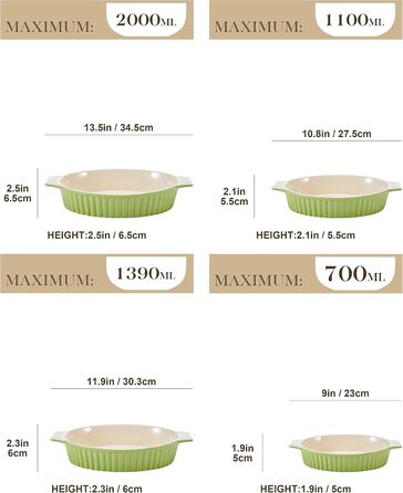 MALACASA Набір форм для запікання Bake.Bake (4 шт.) з жароміцної кераміки, зелений | 34,5+27,5+30,3+23 см