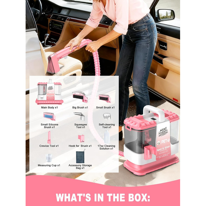 Портативний мийник для м'яких меблів 600W, 16Kpa, з розчином 500мл та 5 насадками. Для диванів, килимів, авто та сходин. Легкий та компактний, рожевий колір