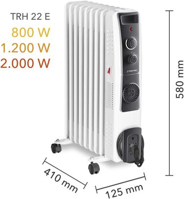 Електричний обігрівач Trotec TRH 20 E – 3 режими потужності (800/1200/2000 Вт), 9 ребер, для приміщень до 25 м²