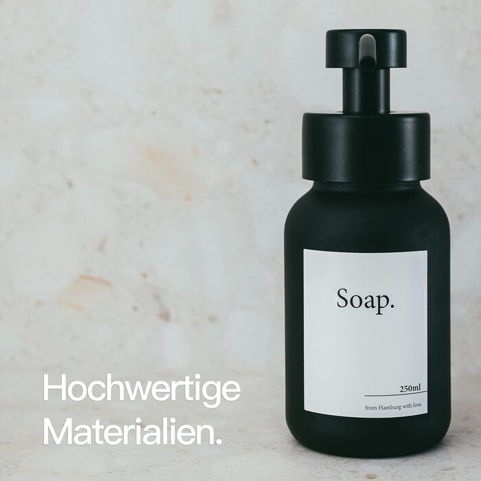 Designfabrik Hamburg | Glass Soap Dispenser Bathroom | Stainless Steel Pump Dispenser for Liquid Soap | Dish Soap Dispenser Kitchen Modern | 250ml | Black/Black