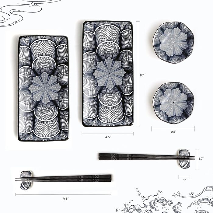 Набір для суші Elush: 2 тарілки, 2 миски для соусу, 2 пари паличок, 2 підставки, кераміка, японський стиль