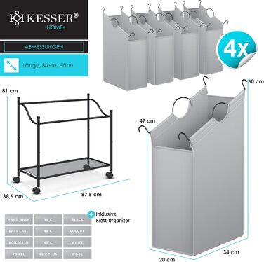 KESSER® Laundry Basket, Laundry Collector, Laundry Sorter with 4 Removable Fabric Bags | 4 Compartments x 35 Liters | Laundry Box with 12 Laundry Instructions, 360° Swivel Wheels with Brake, Laundry Sorting System, Laundry Cart, Grey