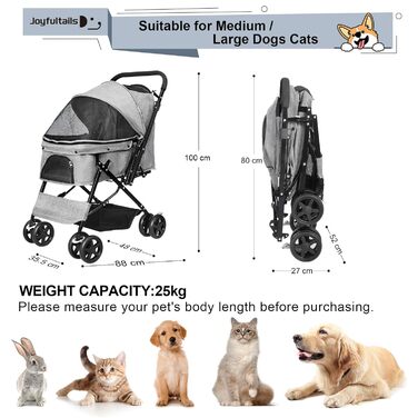 Складаний візок для собак, переноска для тварин до 20 кг, сірий. Підходить для собак та котів