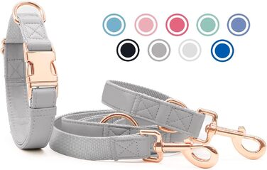 Набір собачий: повід та нашийник з м'якої шкіри (2м) - регульований повід, стильна рожева металева застібка та нейлонові повідки для цуценят, собак маленьких, середніх та великих порід, сірий колір, S (обхват шиї 31-43 см, ширина 2 см), сірий