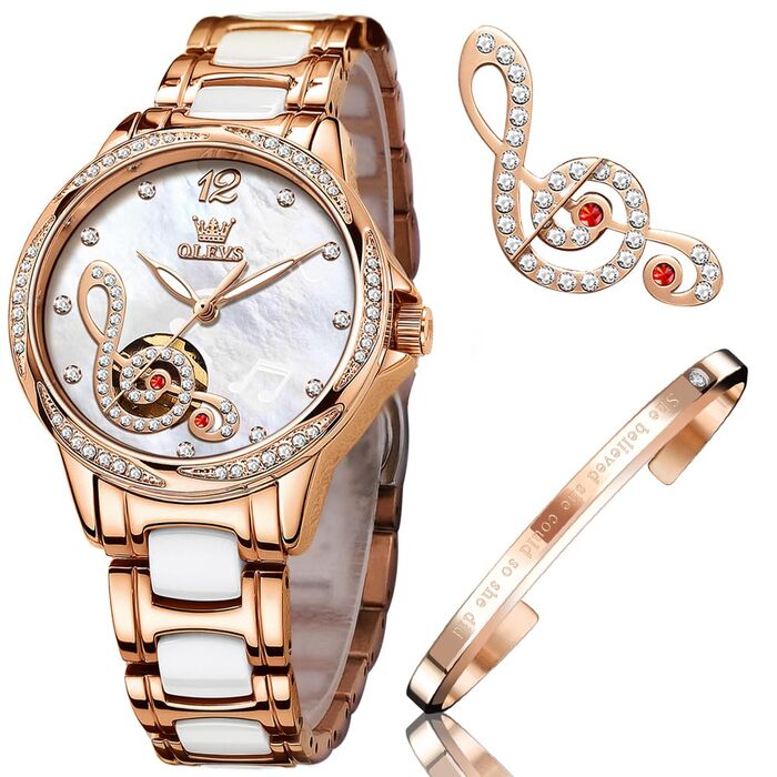 Годинник жіночий OLEVS рожеве золото з серцем-діамантом, чорно-білий циферблат, кварц, водонепроникний, комплект з браслетом, годинники для жінок (6656 Білий)