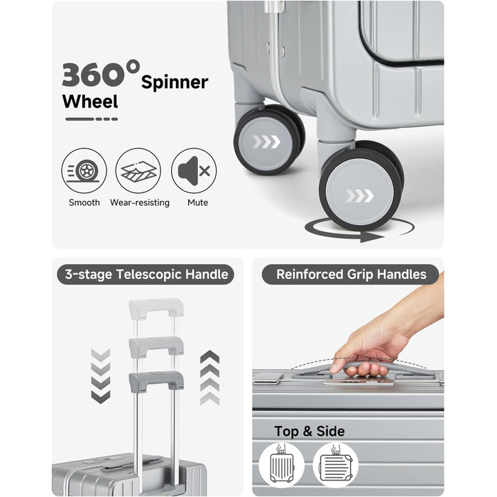 Чемодан-валіза Sea Choice Handgepäck з відділенням для ноутбука 15.6', з PC корпусом, USB-портом, TSA замком та коліщатками 360° (Срібний)