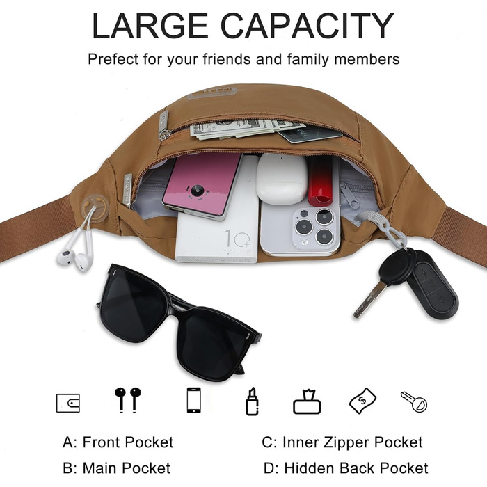 Поясна сумка Maxtop для чоловіків та жінок, чорна, водонепроникна, з 4 кишенями на блискавці, для спорту, подорожей, кемпінгу, велосипеду