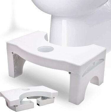 Squat Toilet Stool for Adults, 7 inches Potty Stool, Non-Slip Bathroom Stool, Foldable Potty Stool Stable Potty Stool with Air Freshener Holder for Elderly, Washable and Portable, White