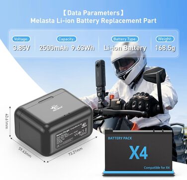 Акумулятор Melasta 2500mAh для Insta360 X4 (2 шт.) з зарядним пристроєм USB-C. Запасний акумулятор для екшн-камери Insta360 X4