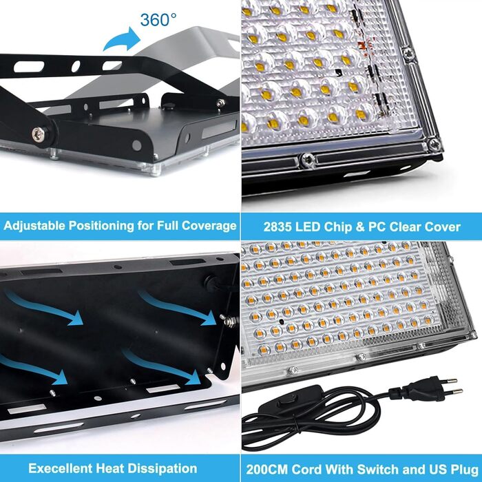 100W LED Floodlight, Plug-in LED Floodlight, 2 Pieces 10000 Lumen LED Floodlight 3000K Warm White Outdoor Floodlight with IP65 Waterproof for Bright Garden Garage Sports Field