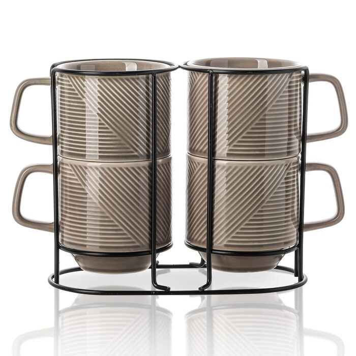 Набір керамічних кавових чашок з підставкою (4 шт., 370 мл, сірий)