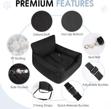 Автомобільний лежак для собак, автокрісло для собак, лежак для маленьких собак, кошик для собак у машину з знімним, пральним подушкою та 2 відділеннями для зберігання (Чорний, 54x52x35 см)