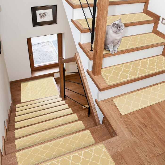15 килимків на сходи 76x20 см, антиковзаючі, самоклеючі, для дітей, літніх людей та собак, машинне прання, з TPR-гумовою основою (Бежевий)