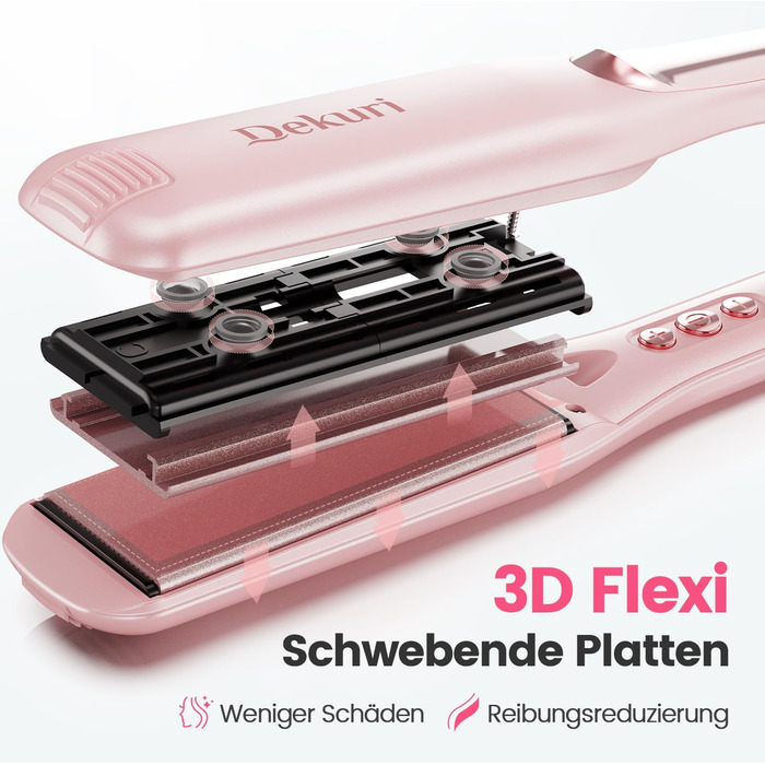 Dekuri 42mm Ceramic Hair Straightener & Curling Iron - Pink - Adjustable Temperature 120°C-230°C