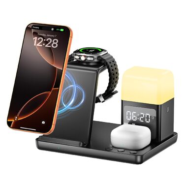 Бездротова зарядна станція 6-в-1 15W з годинником та нічником, сумісна з Galaxy S25/S24, Buds3, Watch, iPhone 16/15, AirPods 4/3