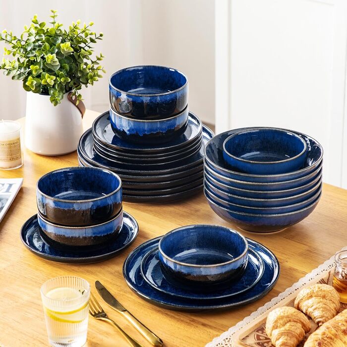 Vancasso Starry 24-Piece Blue Stoneware Dinnerware Set for 6 - Complete Tableware Set with Plates, Bowls