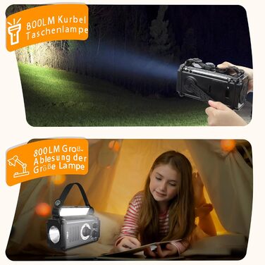 Радіо на сонячній енергії та з ручним крученням 13000mAh, AM/FM/SW, USB-зарядка, ліхтарик 800LM, компас, SOS-сигнал, чорний