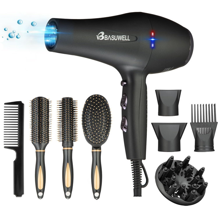Фен Basuwell Ionen Pro 2100W: Професійний фен для салону краси з іонізацією, 3 режими нагріву, 2 швидкості, насадка-дифузор, AC-двигун, чорний