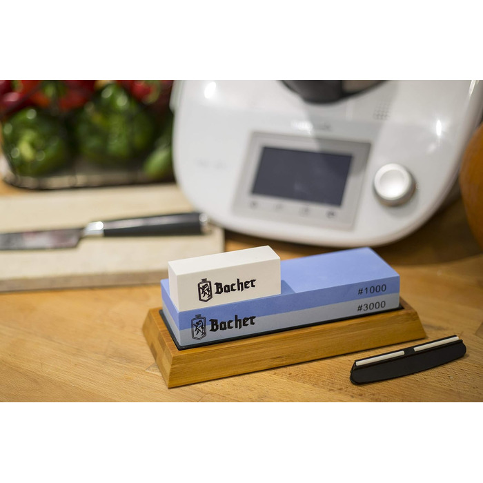 Преміум точильний камінь Bacher. Двобічний, зернистість 400/1000. Точило для ножів з антиковзним бамбуковим блоком, камінь для заточування, допоміжний інструмент для заточування та детальна інструкція у форматі eBook.
