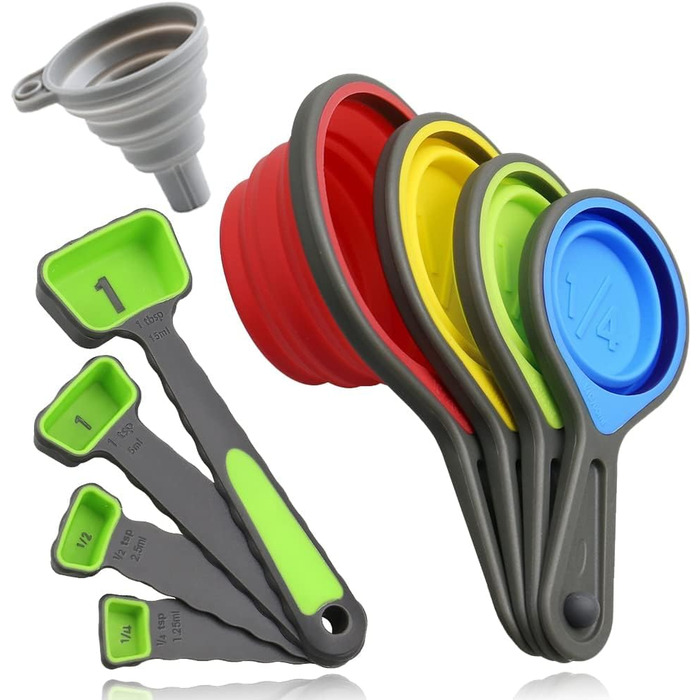 leepiya Measuring Cup and Spoon Set, Folding Measuring Cups, 8-Piece Measuring Tool, Engraved Metric / US Markings for Liquid and Dry Measurement, Space-Saving, BPA-Free Silicone