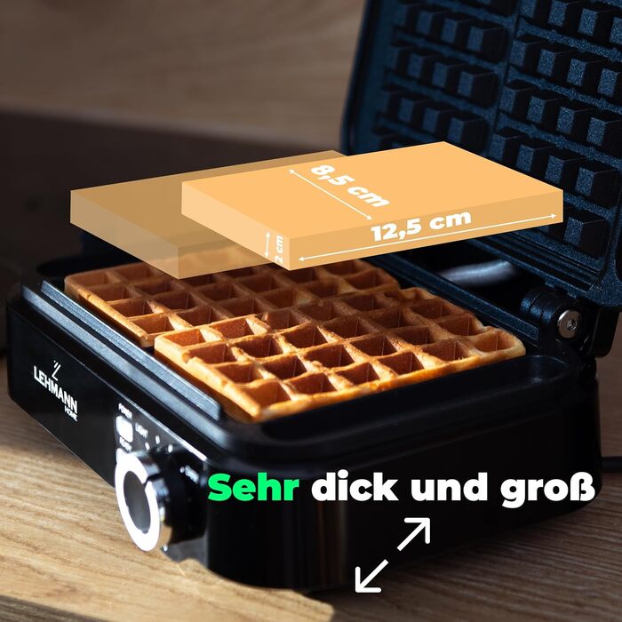 LEHMANN Double Belgian Waffle Maker - 1200W - Non-Stick - Adjustable Temperature - Makes Waffles in 3 Minutes