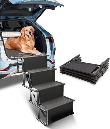 Рампа для собак у автомобіль, складана, для великих собак, до 80 кг, 4 сходинки, для SUV, авто, вантажівка, високе ліжко (чорний, 101*75*47 см)