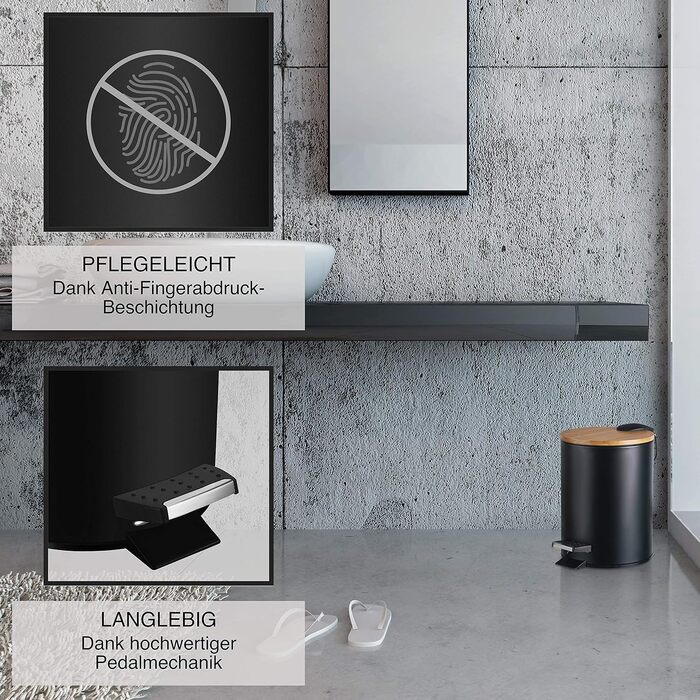 Смітник для косметики VMbathrooms з педаллю та бамбуковою кришкою, 3 л, Soft-Close, чорний — для ванної кімнати та туалету