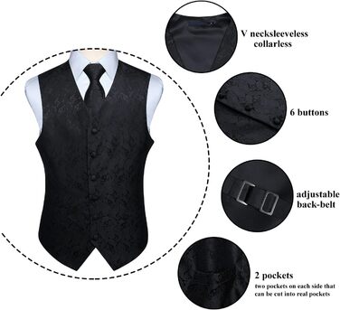 Костюм-тріо Enlision для чоловіків: жилет, краватка та нагрудна хустинка з квітковим патерном пейслі, чорний, розмір L