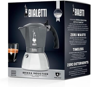 Bialetti Brikka Induction Coffee Maker, 4 Cups (170 ml), Espresso like at the bar, suitable for all stovetops, elegant design, Silver 4 cups BRIKKA INDUCTION Single