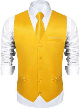 Костюм-жилет та краватка DiBanGu з атласу, 8 предметів, однотонний жилет та краватка з брошкою для смокінгу, весілля, формальних заходів (XL, жовтий)