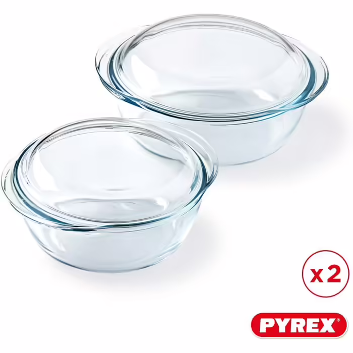 Pyrex 4-in-1 – Set with 2 Casserole Dishes – 1.6L and 2.3L – Borosilicate Glass – Steaming – Microwave Safe – Dishwasher Safe Set with 2 Casserole Dishes, 1.6L and 2.3L