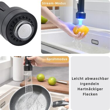 Кухонний змішувач AIMADI висувний, високого тиску, з 2 режимами (струмінь та розпилення), поворотний на 360°, однорегуляторний для кухонної мийки (з LED-підсвіткою, золотий)