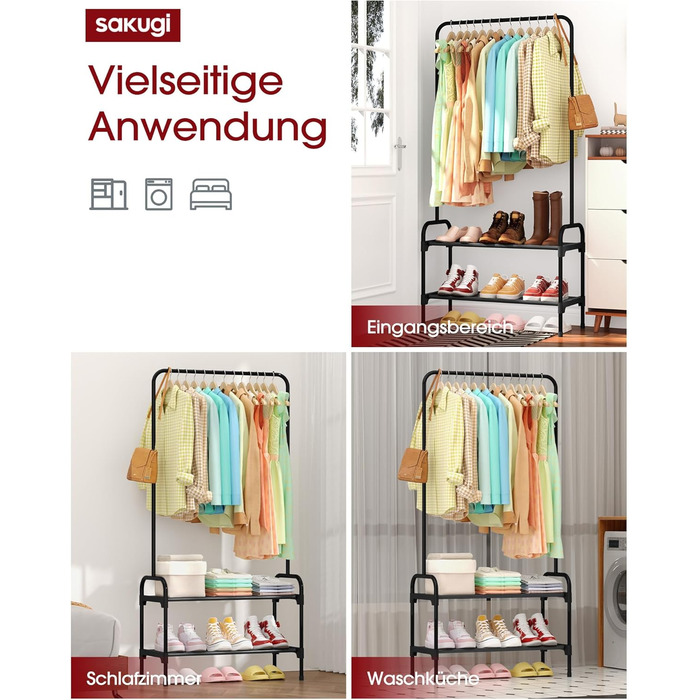 Стійка для одягу з полицею для взуття, чорна, 74 x 30 x 150 см