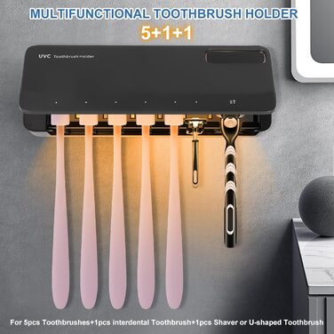 UV Toothbrush Sanitizer with 6 Toothbrush Brush Slots, UV Disinfection Toothbrush Holder with Drying, 2000mAh USB Rechargeable Toothbrush Sanitizer Holder Wall Mounted with 3 Modes for Bathrooms (White) (Black)