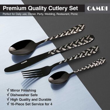 CAMRI Набір столових приборів – 16 предметів з нержавіючої сталі. Набір столових приборів, ножі, виделки, ложки. Комплект на 4 особи, придатний для миття в посудомийній машині. Кріз-чорний візерунок.