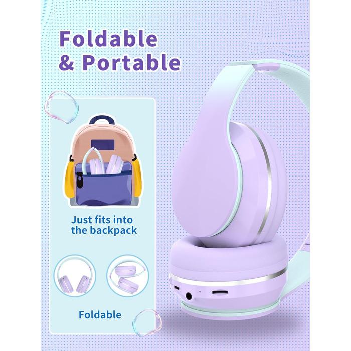 Xunpuls Бездротові навушники для дітей Bluetooth Over-Ear з мікрофоном (фіолетові)