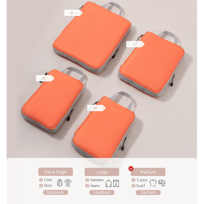 Набір компресійних кубиків для валіз Meowoo (4 шт.) - Органайзер для подорожей, водонепроникний (XL, L, 2×M), для ручної поклажі та валіз, помаранчевий