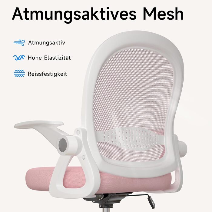Ергономічне крісло Rattantree для офісу та дому: дихаюча спинка, регульована висота, підніжки, ротаційне крісло (Рожеве)