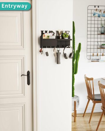 Держатель для ключів HapiRm з декором HOME, дерев'яне ключникове дошка з 7 гачками, з полицею. Підходить для входу, дверей, коридору, спальні, офісу (чорний)