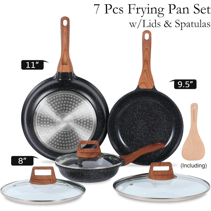 Набір сковорідок ESLITE LIFE 7-частинний з кришкою, антипригарне покриття, індукційні, з гранітною емалевою поверхнею та дерев'яним шпателем, чорний