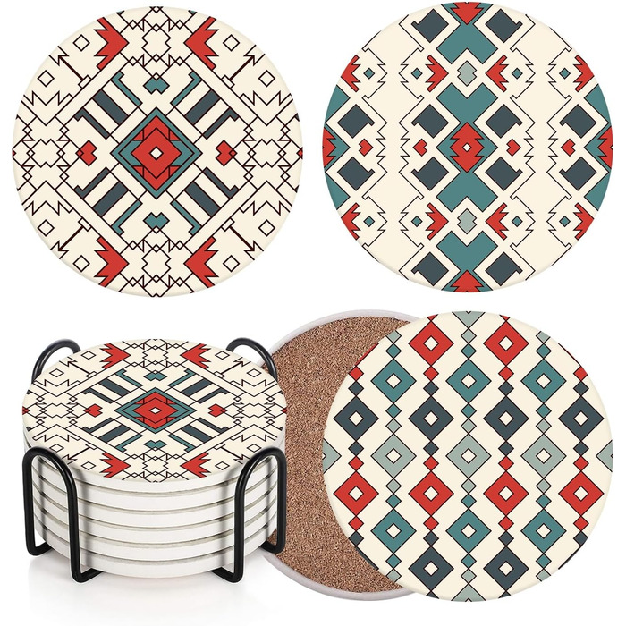 Drink Coasters 6-Piece Set, Geometric Tribal Boho Blue Red Absorbent Round Ceramic Stone Mat with Cork Bottom and Metal Holder, Housewarming Gift for Bar Decor