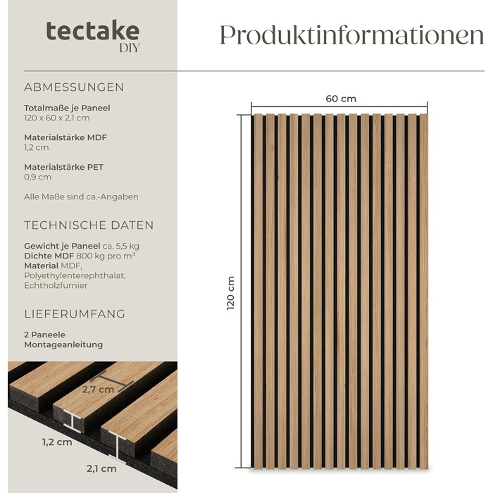 Акустичні 3D-панелі tectake для стін 120 x 60 x 2,1 см, шумопоглищаючі стінові панелі під дуб, набір 2 шт.