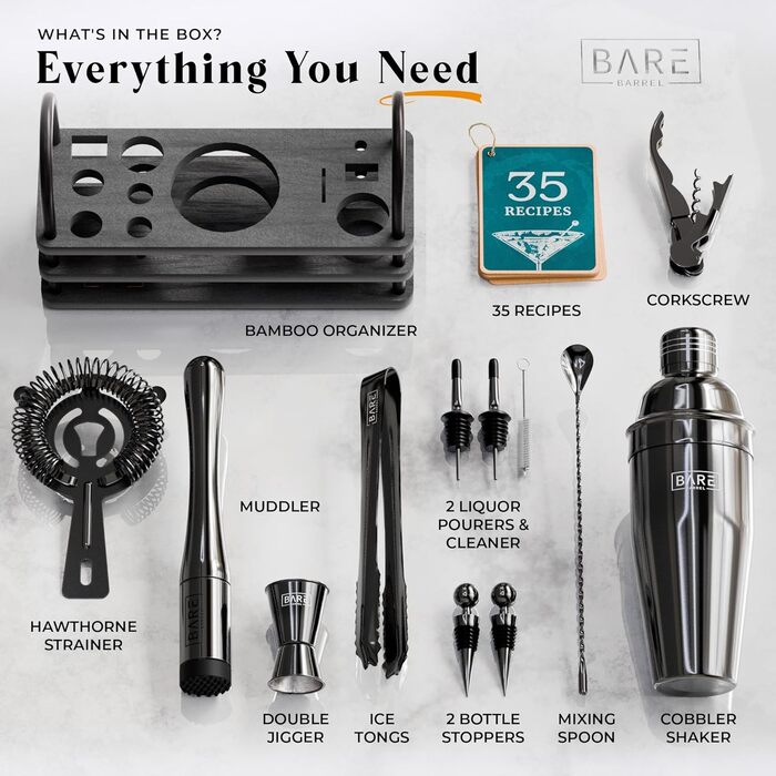 Набір бармена BARE BARREL®: 14 предметів для приготування коктейлів, шейкер Schuster (680 мл), аксесуари для бару, рецепти, подарунковий набір