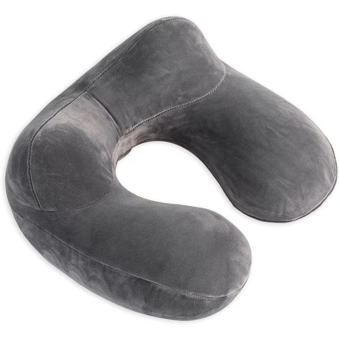 Надувна подушка для подорожей з м'якого велюру - підтримка шиї для авто, літака, поїзда, офісу. Сіра, з сумкою.