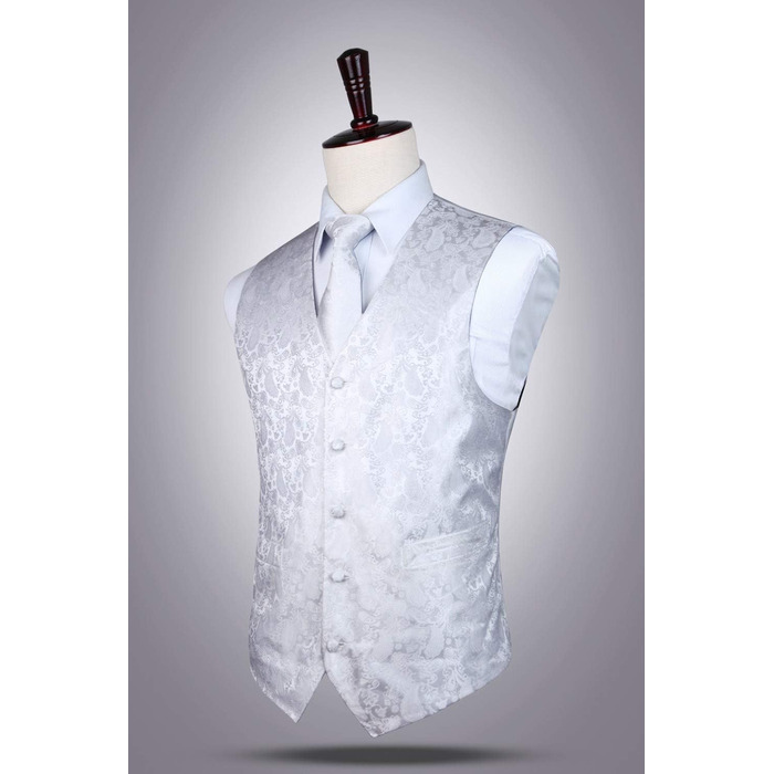 Костюм-трійка HISDERN: жилет, краватка, нагрудна хустинка з квітковим принтом, жаккард, білий. Ідеальний для весілля та урочистих подій.